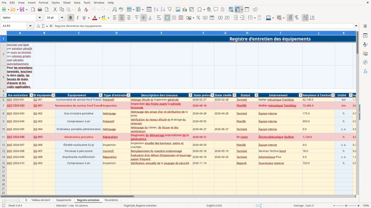 Capture 3 : feuille Registre entretien — modèle Excel registre entretien des équipements