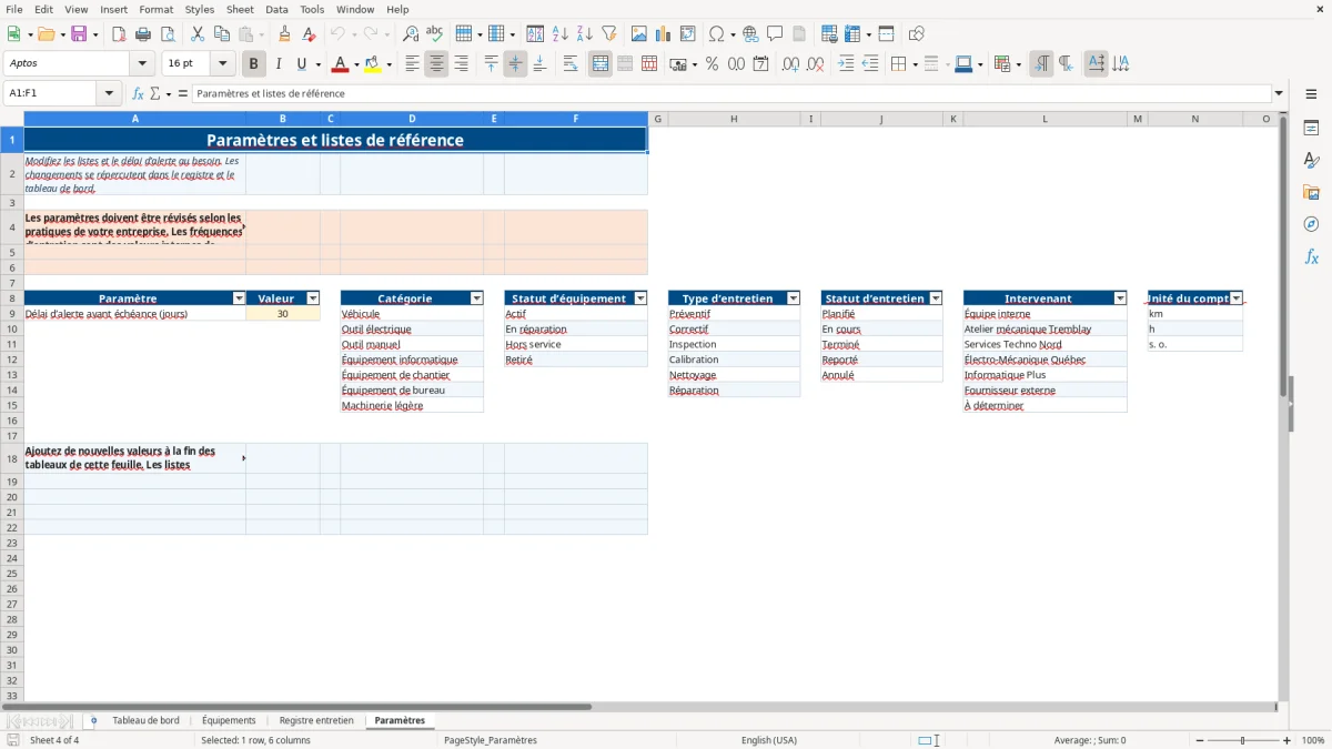 Capture 4 : feuille Paramètres — modèle Excel registre entretien des équipements