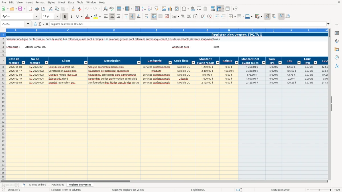 Capture 3 : feuille Registre des ventes — modèle Excel registre ventes TPS TVQ Québec