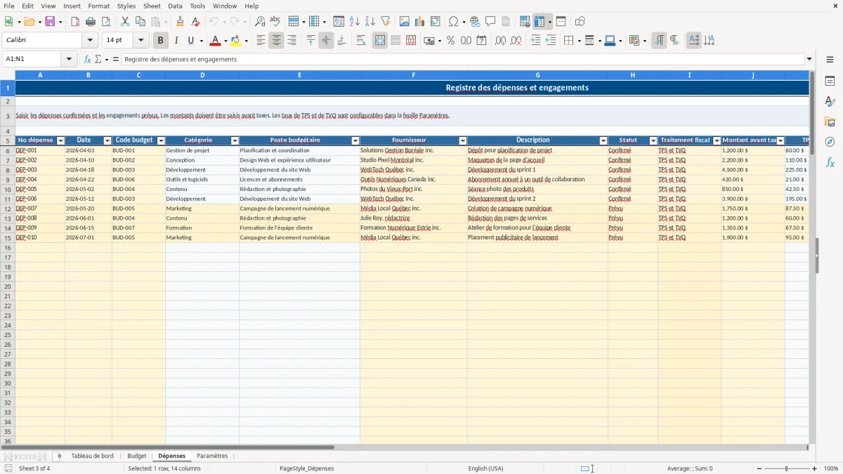 Capture 3 : feuille Dépenses — modèle Excel suivi budget de projet