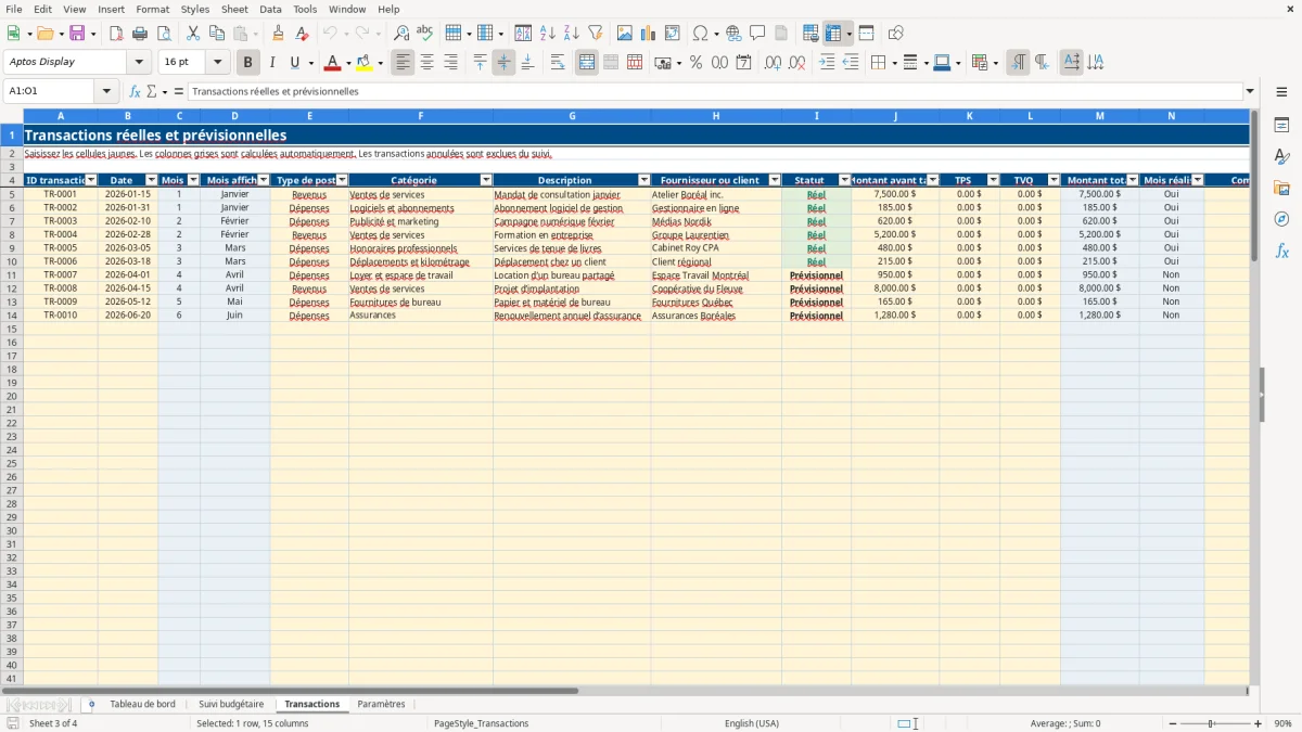 Capture 3 : feuille Transactions — modèle Excel suivi budgétaire réel prévisionnel
