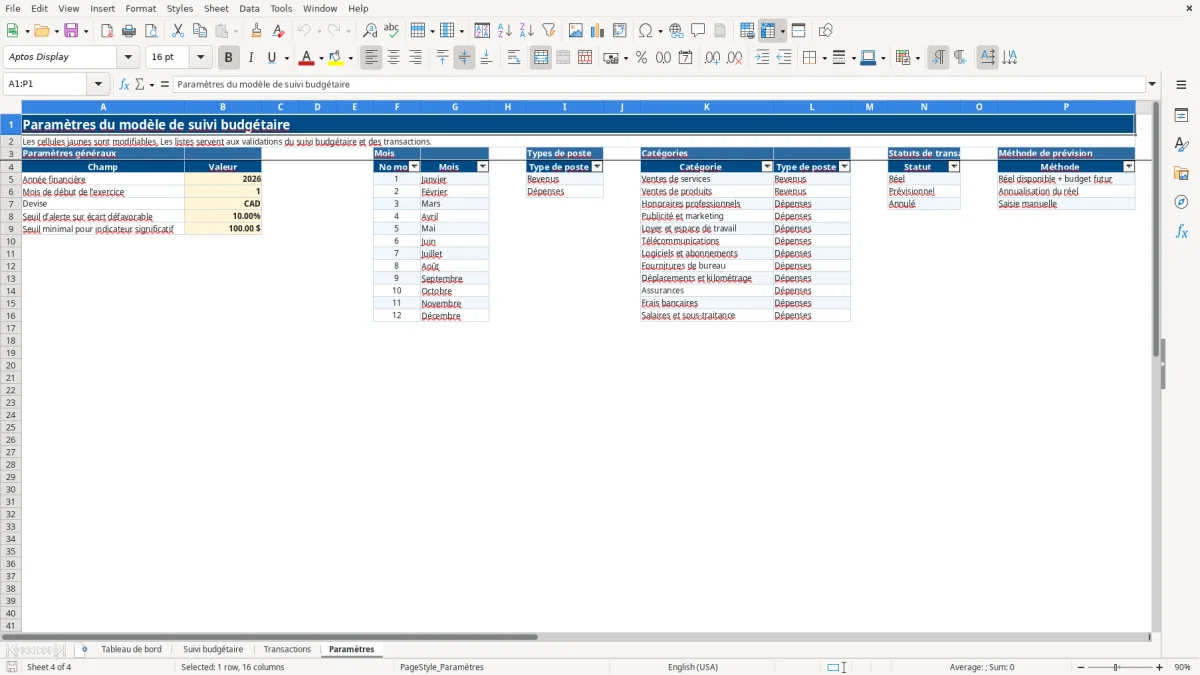 Capture 4 : feuille Paramètres — modèle Excel suivi budgétaire réel prévisionnel
