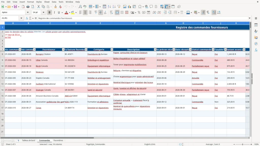 Aperçu de la feuille Commandes du modèle Suivi commandes fournisseurs : Modèle Excel Gratuit 2026
