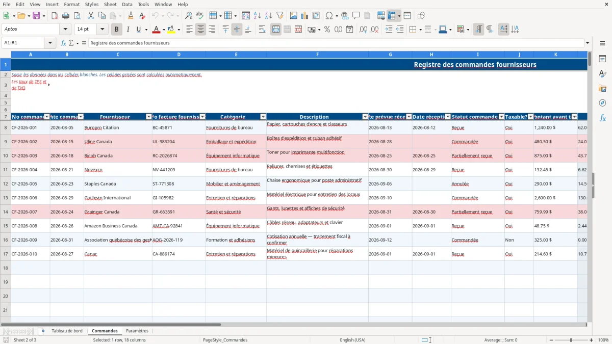 Capture 2 : feuille Commandes — modèle Excel suivi commandes fournisseurs
