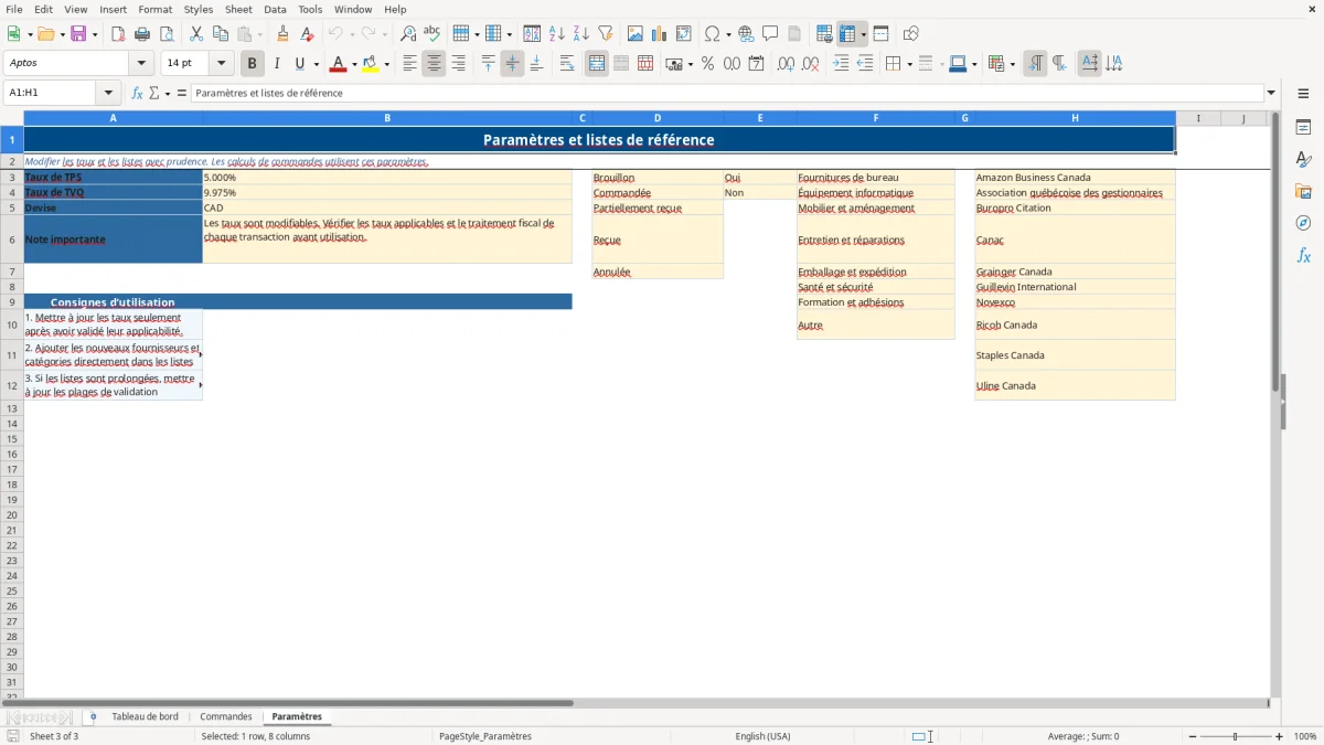 Capture 3 : feuille Paramètres — modèle Excel suivi commandes fournisseurs