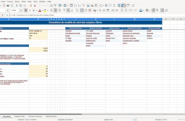 Capture 1 : feuille Paramètres — modèle Excel suivi comptes clients et relances Québec