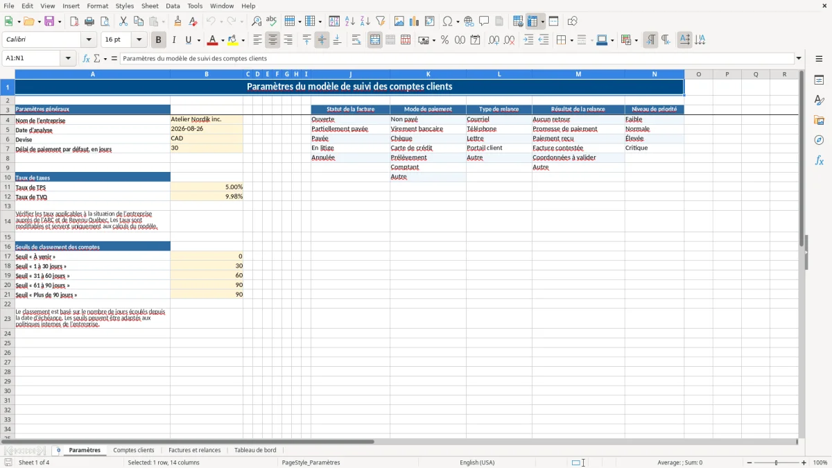 Capture 1 : feuille Paramètres — modèle Excel suivi comptes clients et relances Québec