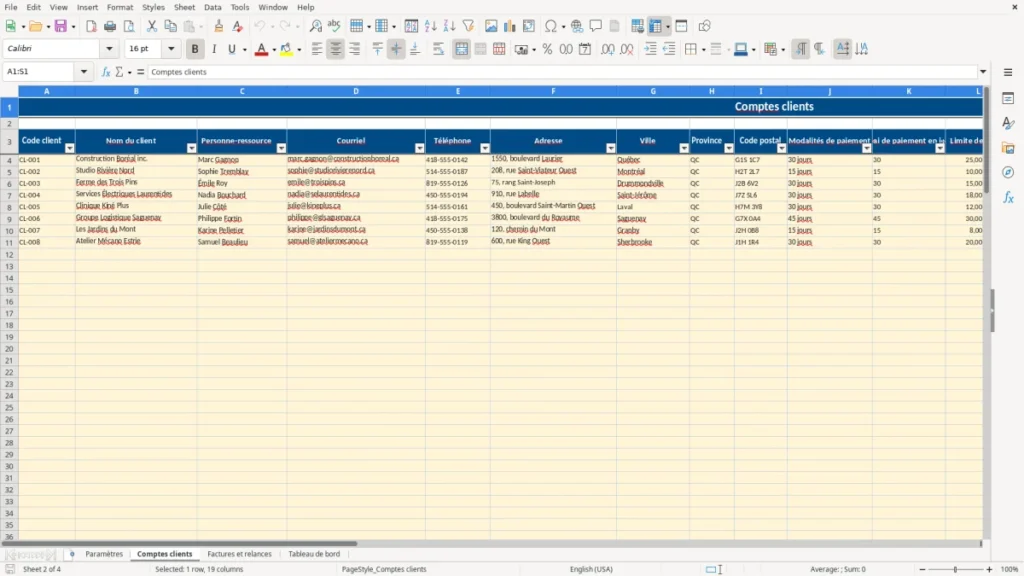 Aperçu de la feuille Comptes clients du modèle Suivi des comptes clients et relances Québec : Modèle Excel Gratuit 2026