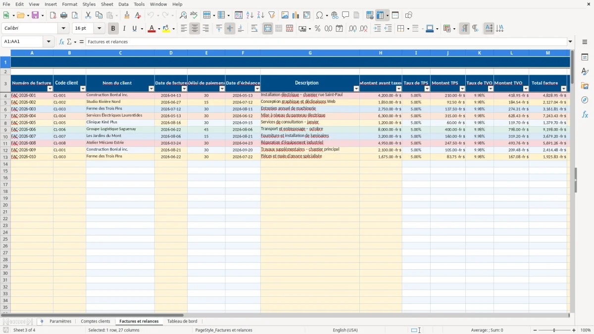 Capture 3 : feuille Factures et relances — modèle Excel suivi comptes clients et relances Québec