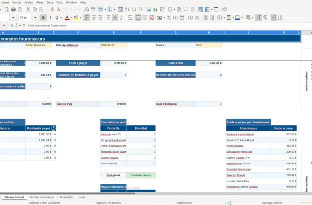 Capture 1 : feuille Tableau de bord — modèle Excel suivi comptes fournisseurs et échéances
