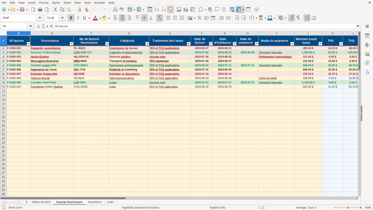 Capture 2 : feuille Factures fournisseurs — modèle Excel suivi comptes fournisseurs et échéances