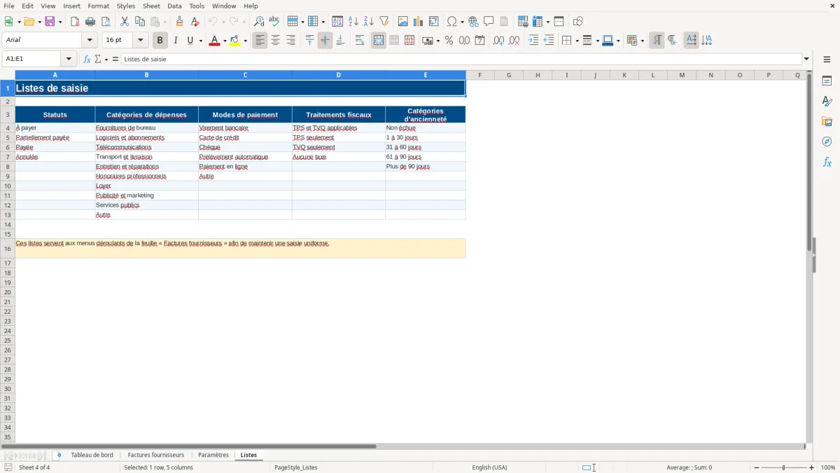 Capture 4 : feuille Listes — modèle Excel suivi comptes fournisseurs et échéances