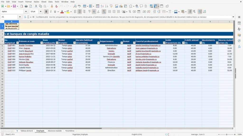 Aperçu de la feuille Employés du modèle Suivi congés maladie employés : Modèle Excel Gratuit 2026