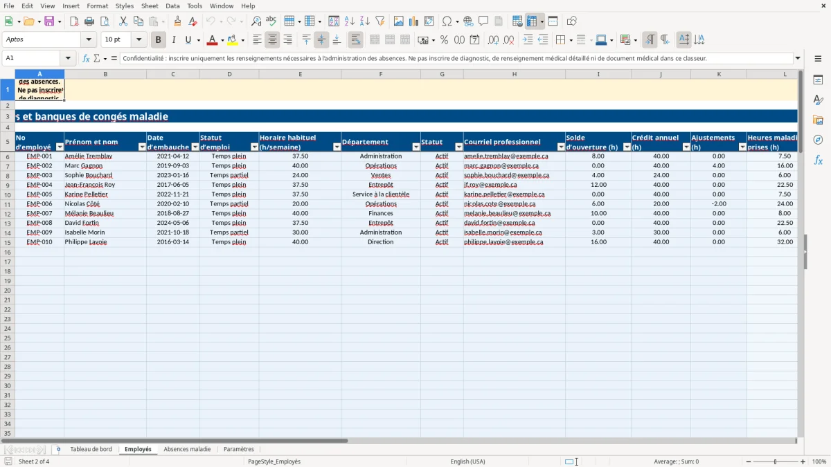 Capture 2 : feuille Employés — modèle Excel suivi congés maladie employés
