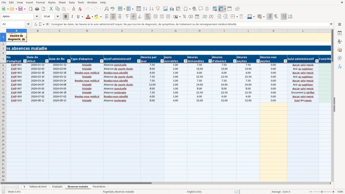 Capture 3 : feuille Absences maladie — modèle Excel suivi congés maladie employés