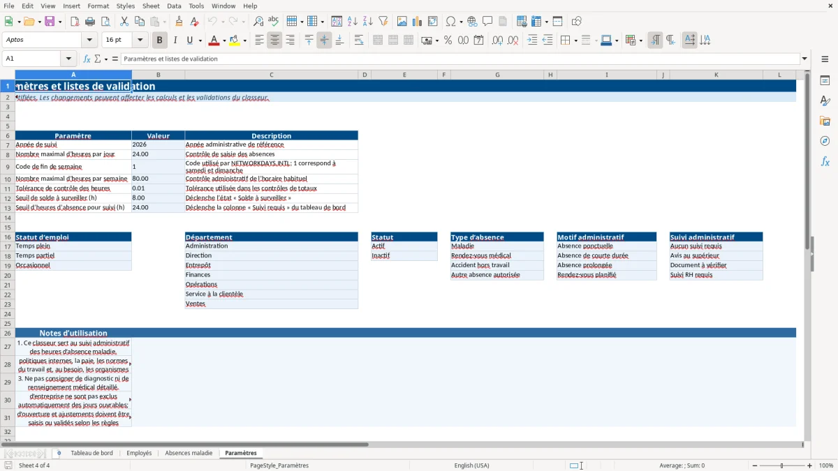 Capture 4 : feuille Paramètres — modèle Excel suivi congés maladie employés