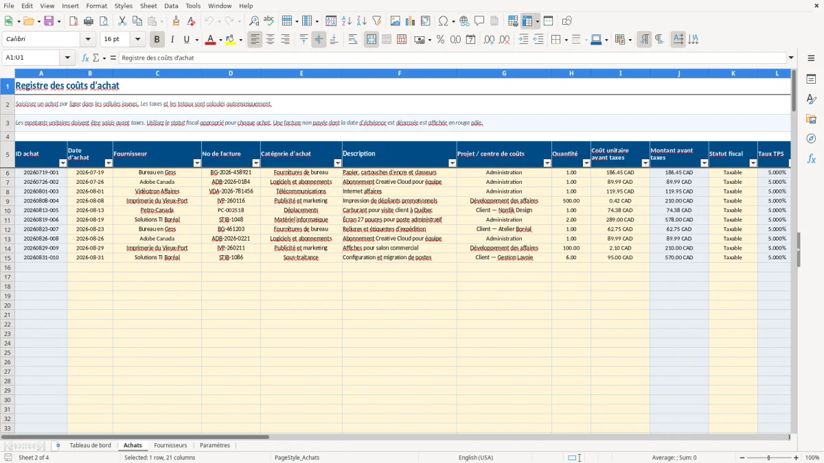 Capture 2 : feuille Achats — modèle Excel suivi coûts d'achat