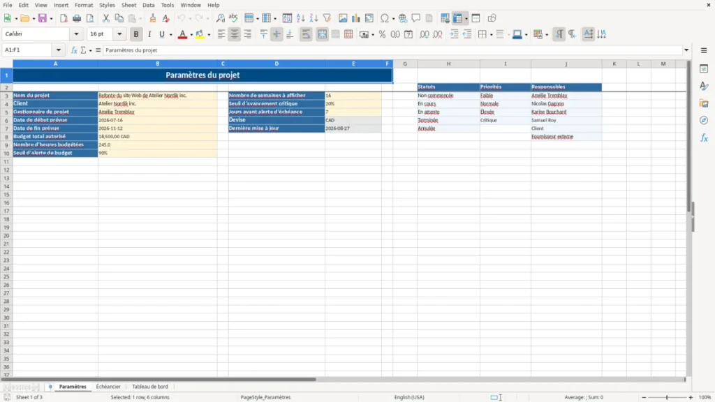 Aperçu de la feuille Paramètres du modèle Suivi de projet avec échéancier : Modèle Excel Gratuit 2026