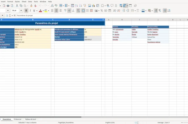 Capture 1 : feuille Paramètres — modèle Excel suivi de projet avec échéancier