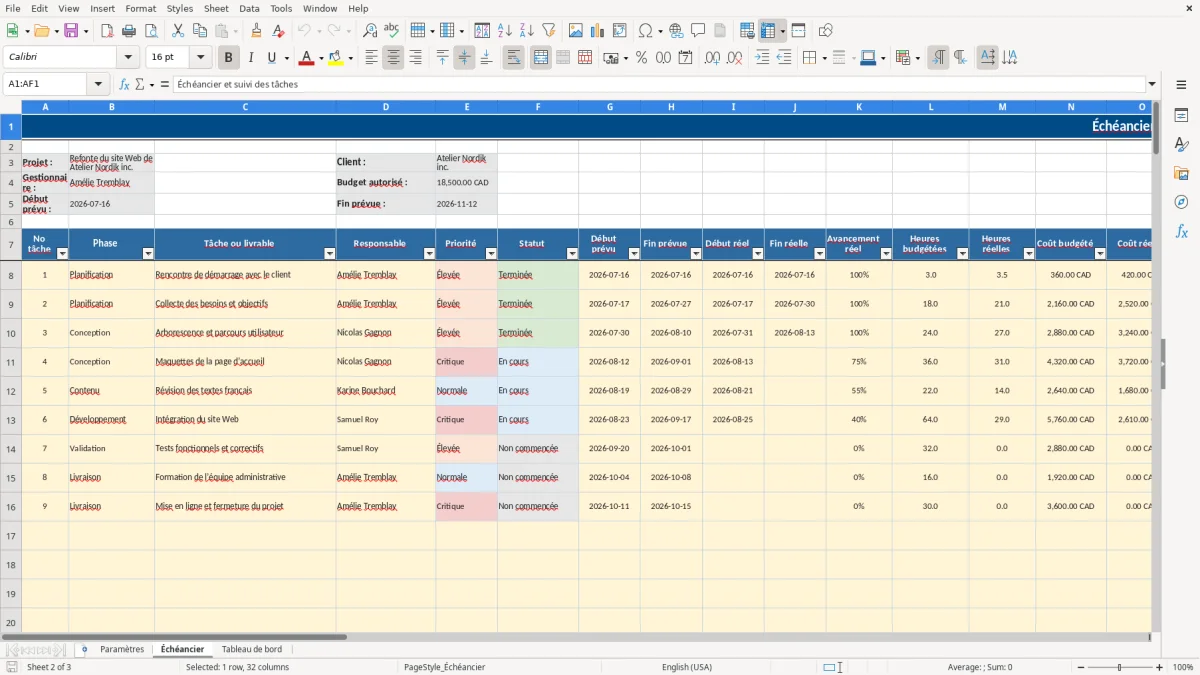 Capture 2 : feuille Échéancier — modèle Excel suivi de projet avec échéancier