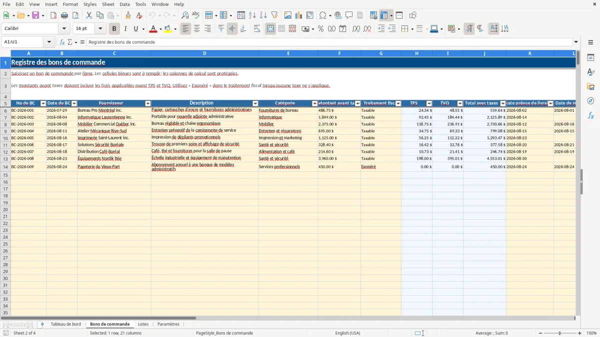 Capture 2 : feuille Bons de commande — modèle Excel suivi des bons de commande