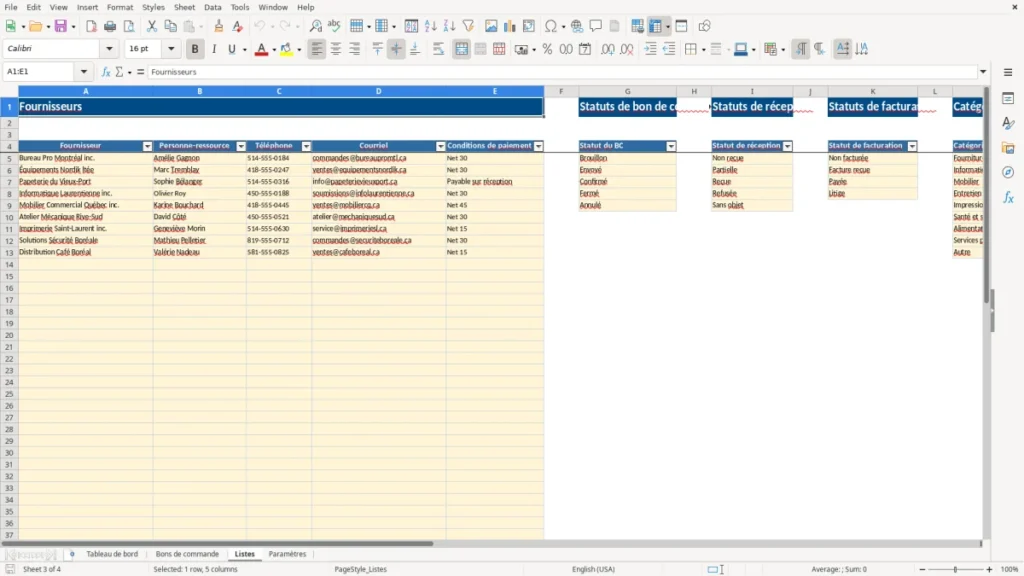 Aperçu de la feuille Listes du modèle Suivi des bons de commande PME Québec : Modèle Excel Gratuit 2026