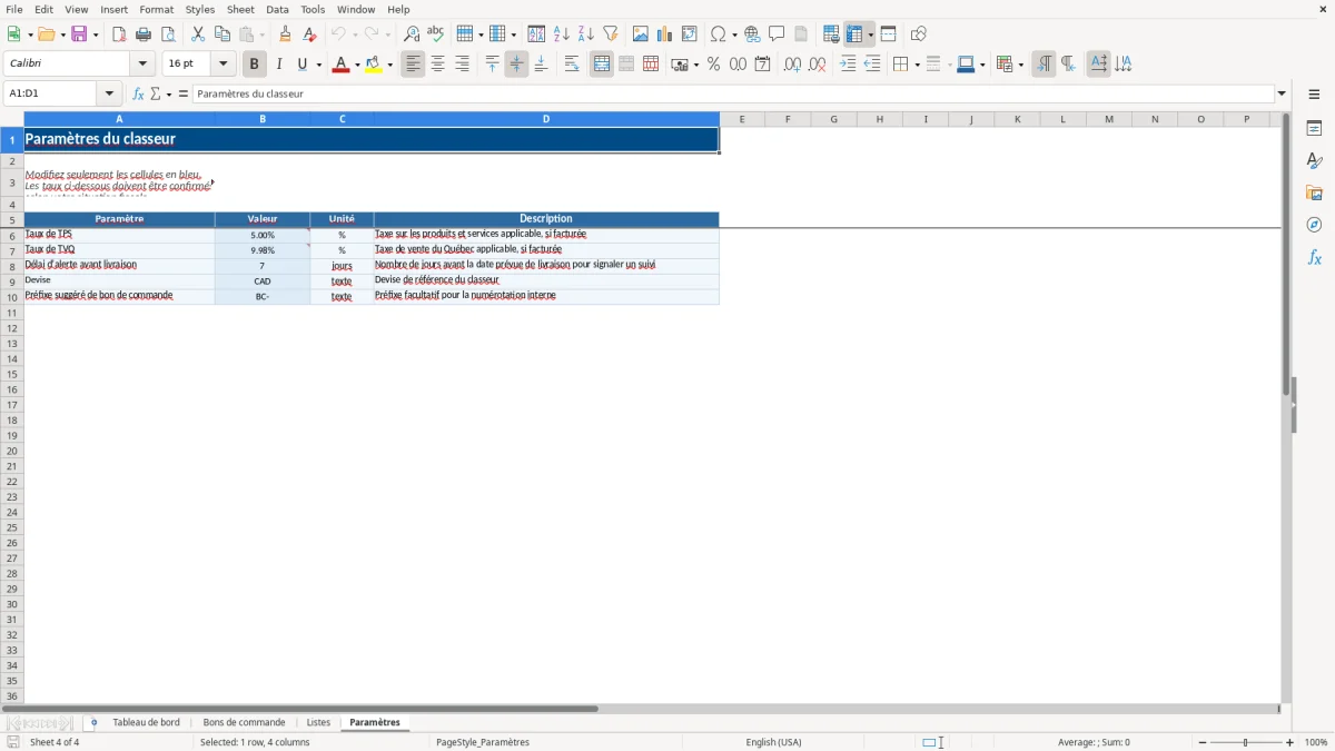 Capture 4 : feuille Paramètres — modèle Excel suivi des bons de commande