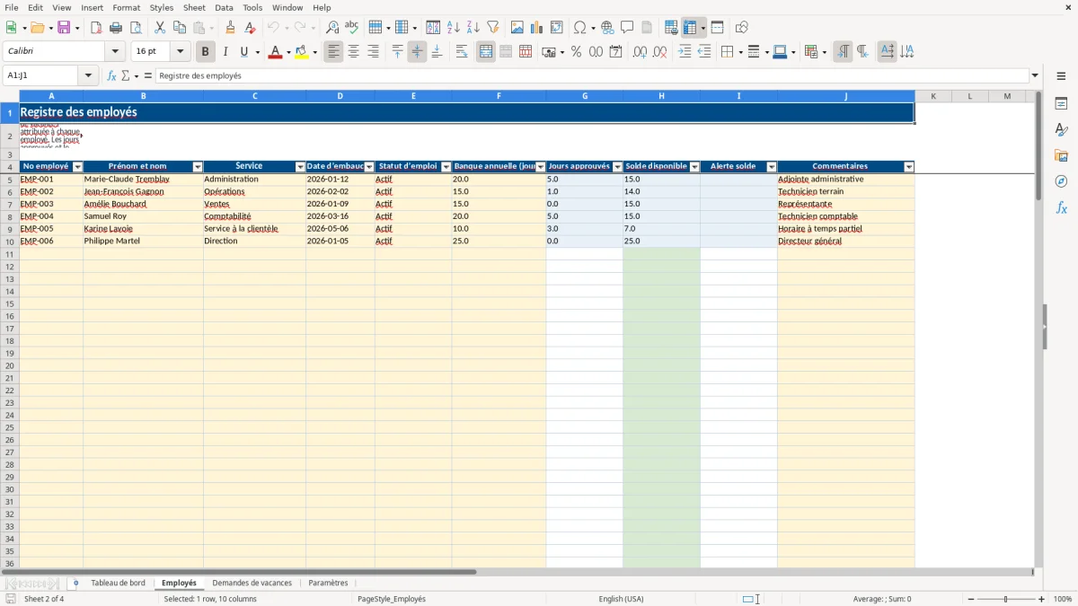 Capture 2 : feuille Employés — modèle Excel suivi des vacances employés