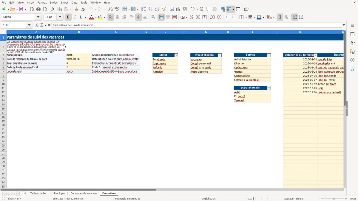 Capture 4 : feuille Paramètres — modèle Excel suivi des vacances employés