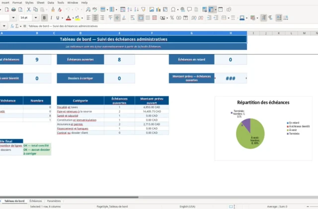 Capture 1 : feuille Tableau de bord — modèle Excel suivi échéances administratives PME