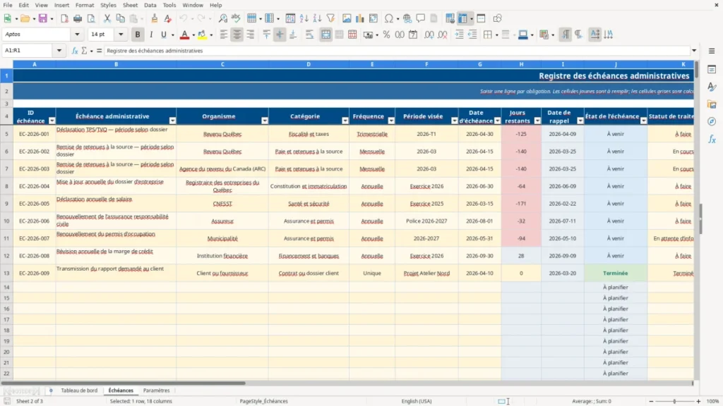 Aperçu de la feuille Échéances du modèle Suivi des échéances administratives PME Québec : Modèle Excel Gratuit 2026