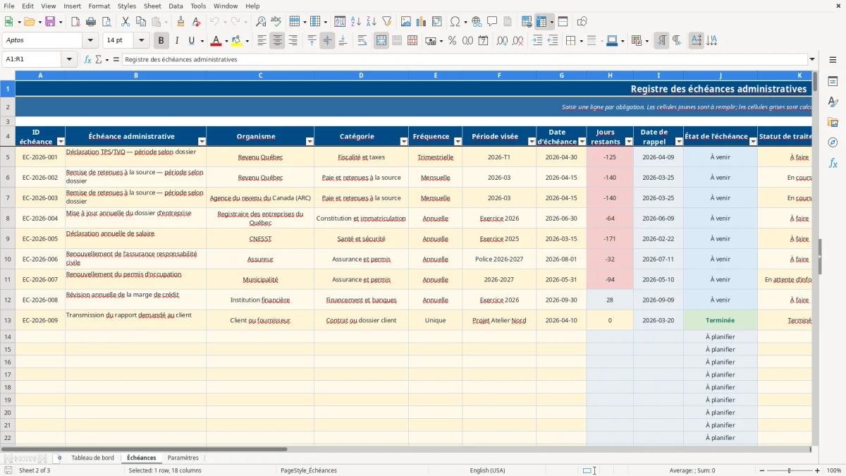 Capture 2 : feuille Échéances — modèle Excel suivi échéances administratives PME