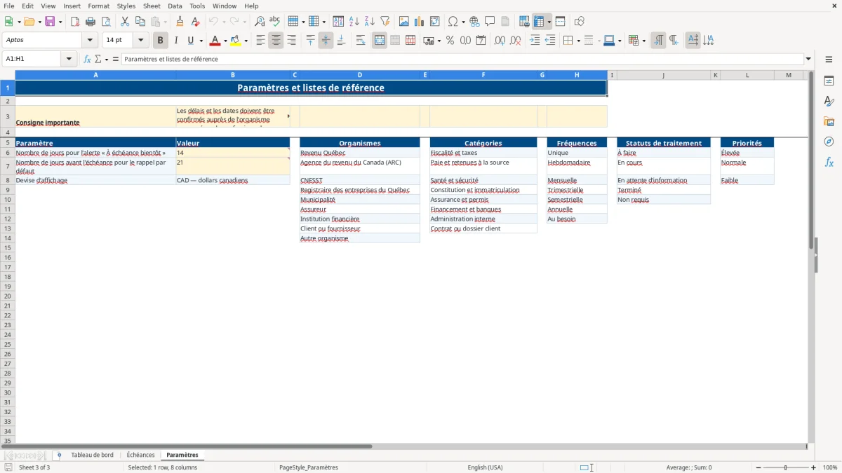 Capture 3 : feuille Paramètres — modèle Excel suivi échéances administratives PME