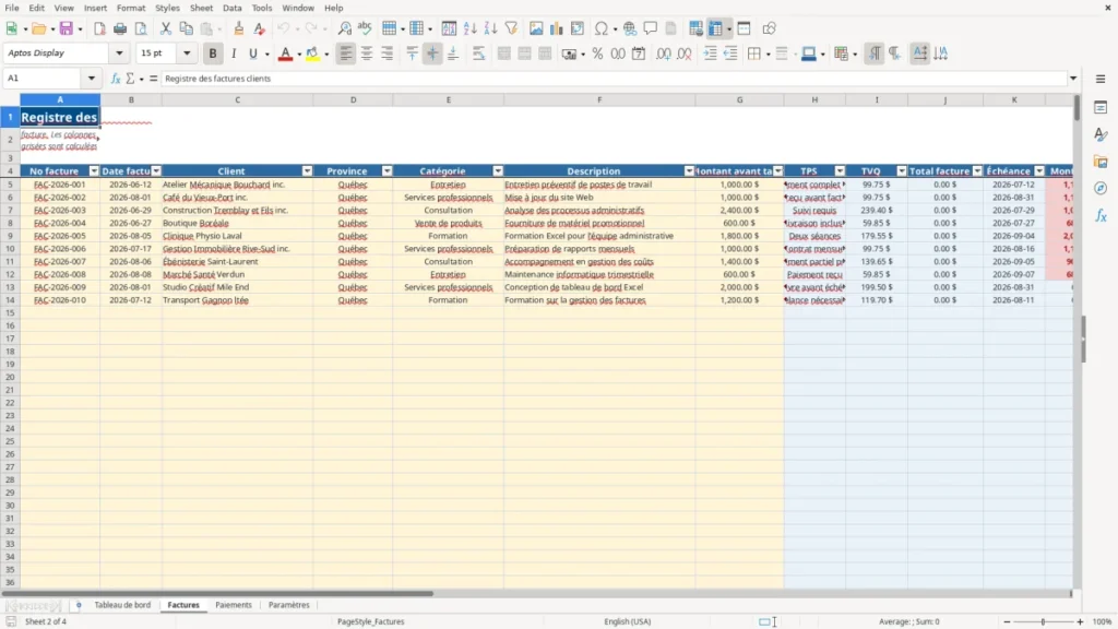 Aperçu de la feuille Factures du modèle Suivi factures et paiements PME Québec : Modèle Excel Gratuit 2026