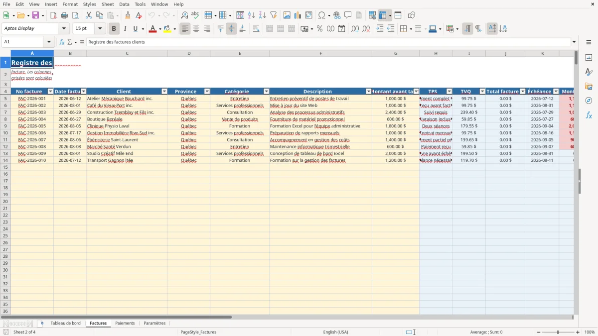 Capture 2 : feuille Factures — modèle Excel suivi factures et paiements PME