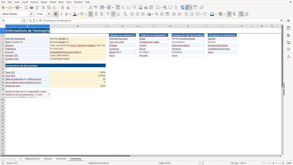 Capture 4 : feuille Paramètres — modèle Excel suivi factures et paiements PME