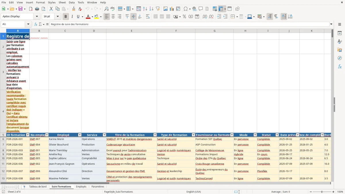 Capture 2 : feuille Suivi formations — modèle Excel suivi formation employés