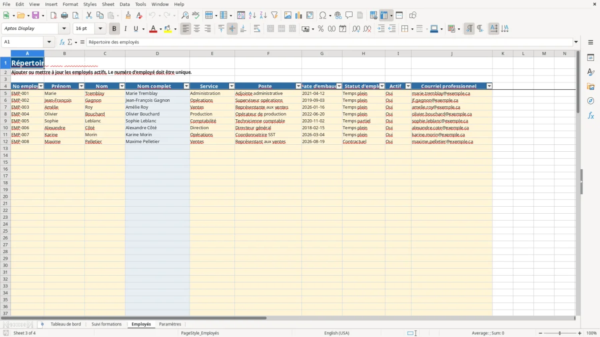 Capture 3 : feuille Employés — modèle Excel suivi formation employés