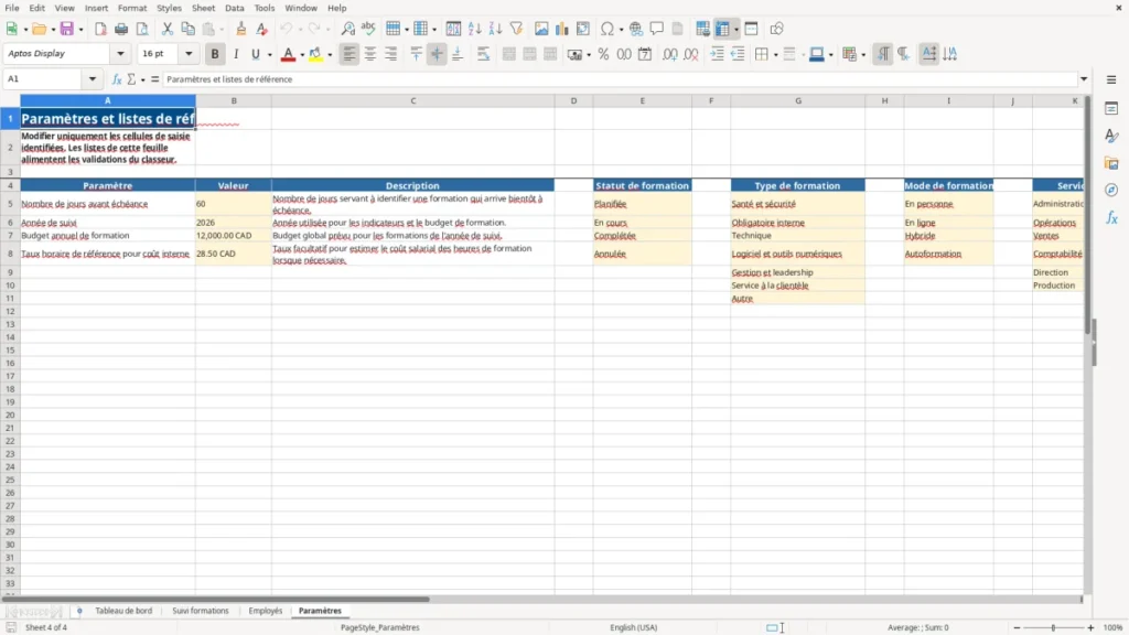 Aperçu de la feuille Paramètres du modèle Suivi formation employés au Québec : Modèle Excel Gratuit 2026