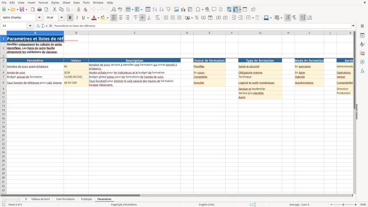 Capture 4 : feuille Paramètres — modèle Excel suivi formation employés