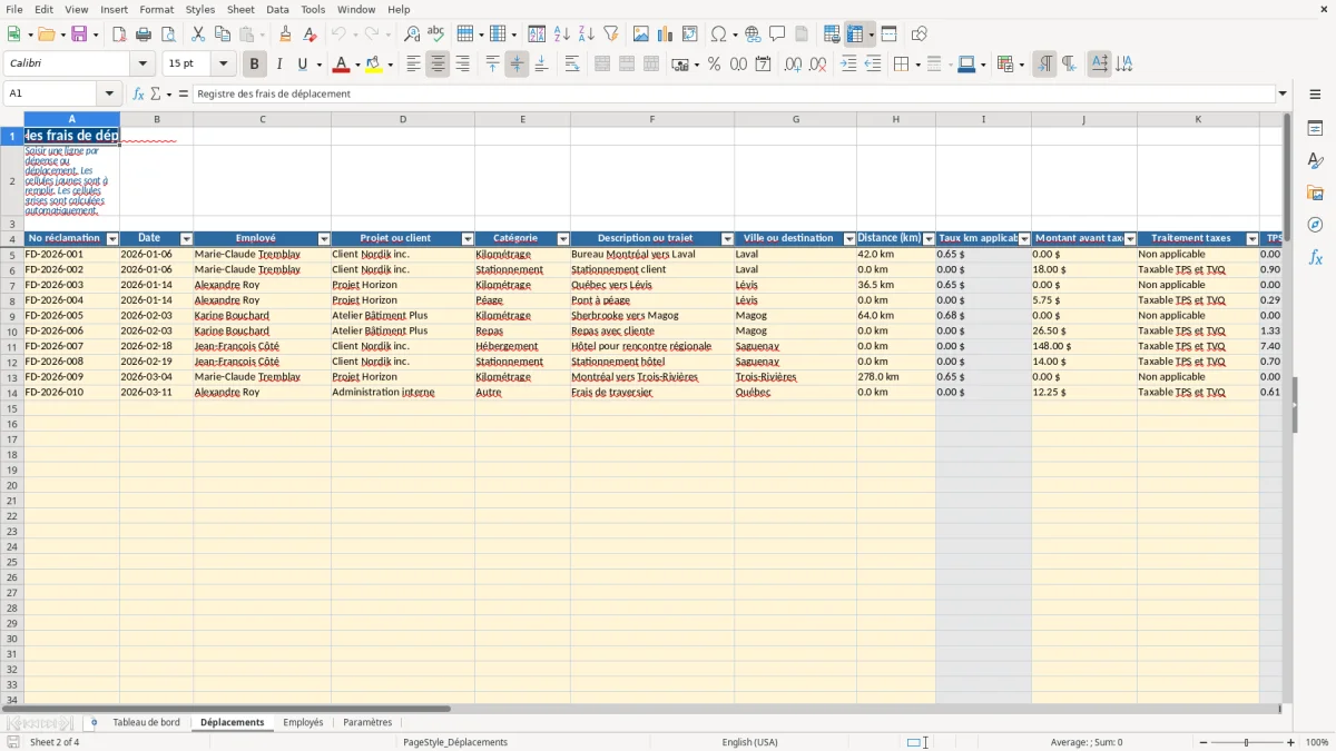 Capture 2 : feuille Déplacements — modèle Excel suivi frais de déplacement employés
