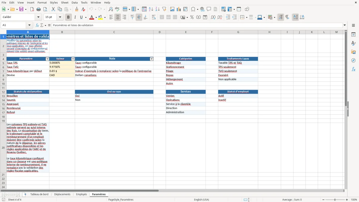 Capture 4 : feuille Paramètres — modèle Excel suivi frais de déplacement employés