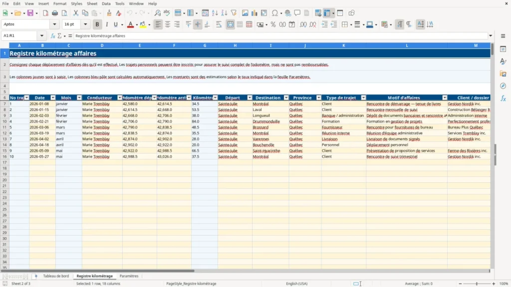 Aperçu de la feuille Registre kilométrage du modèle Suivi kilométrage affaires Québec : Modèle Excel Gratuit 2026