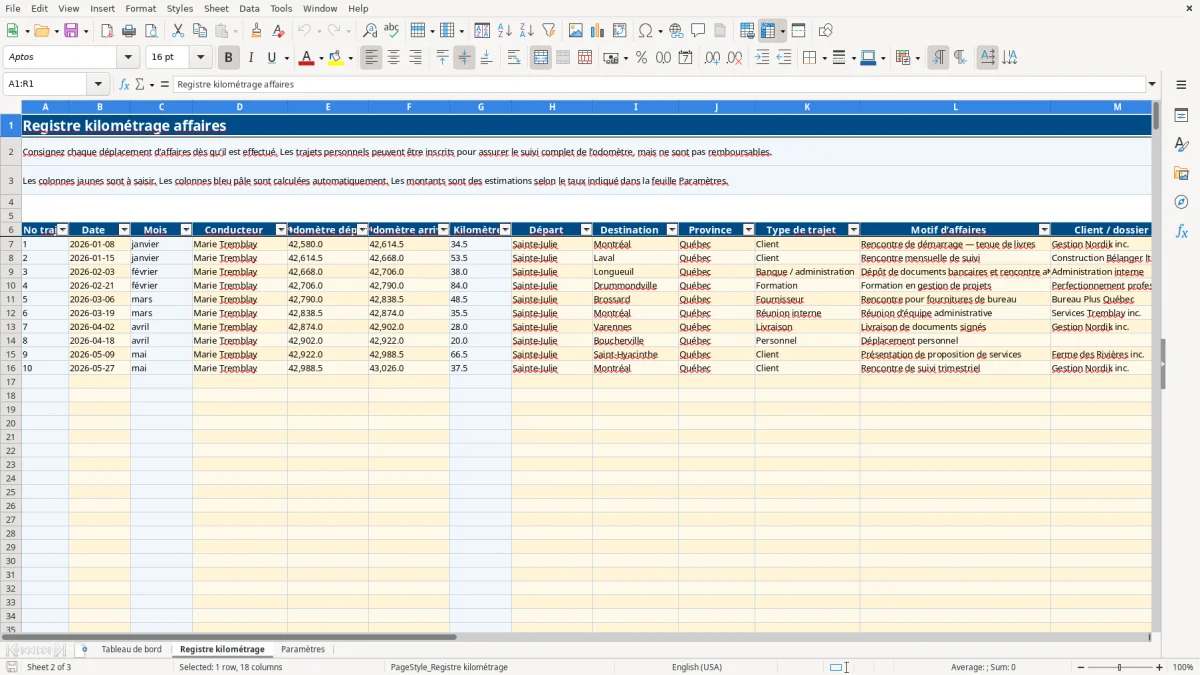 Capture 2 : feuille Registre kilométrage — modèle Excel suivi kilométrage affaires Québec