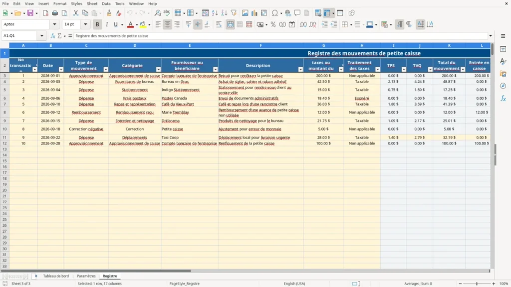 Aperçu de la feuille Registre du modèle Suivi de petite caisse Québec : Modèle Excel Gratuit 2026