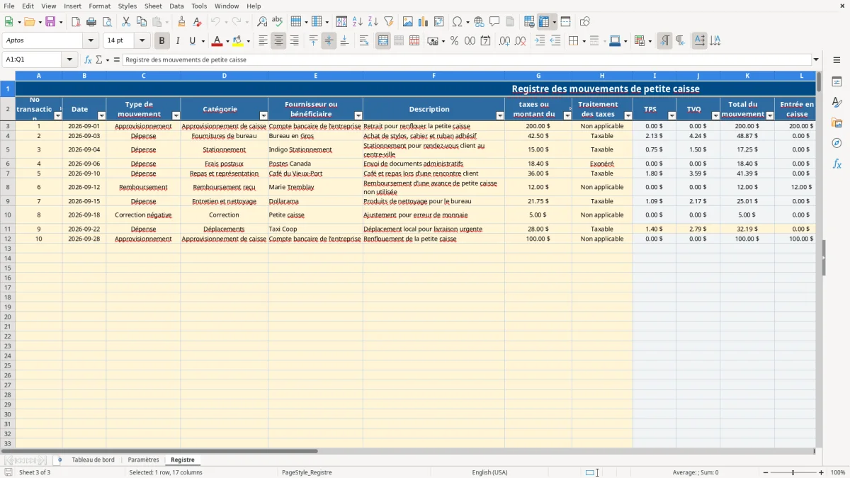 Capture 3 : feuille Registre — modèle Excel suivi petite caisse Québec