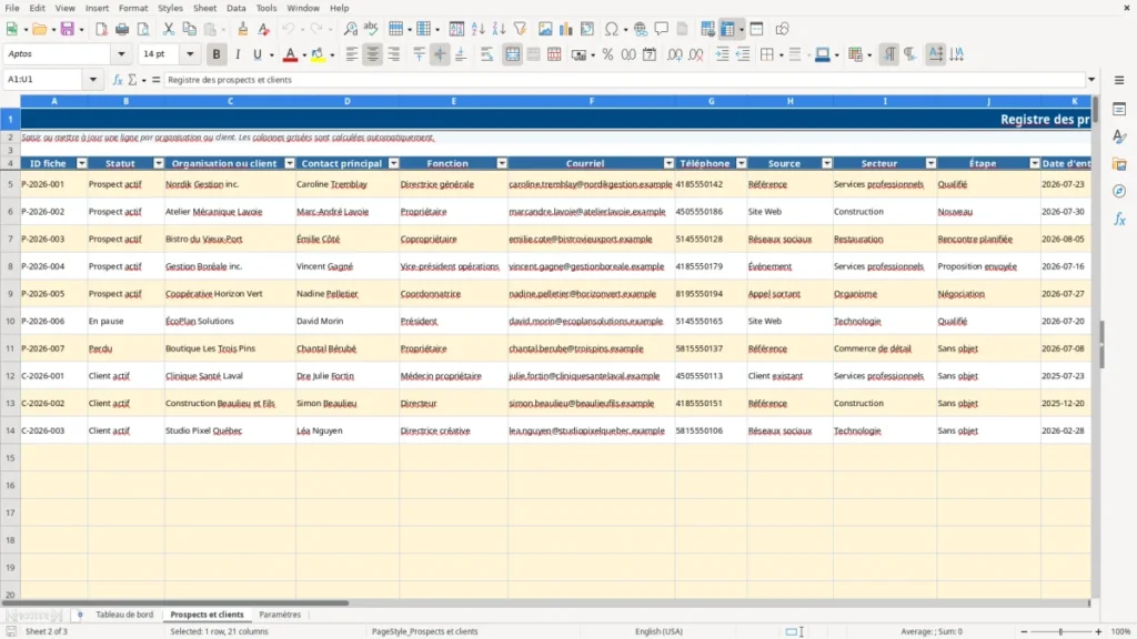 Aperçu de la feuille Prospects et clients du modèle Suivi prospects et clients Québec : Modèle Excel Gratuit 2026