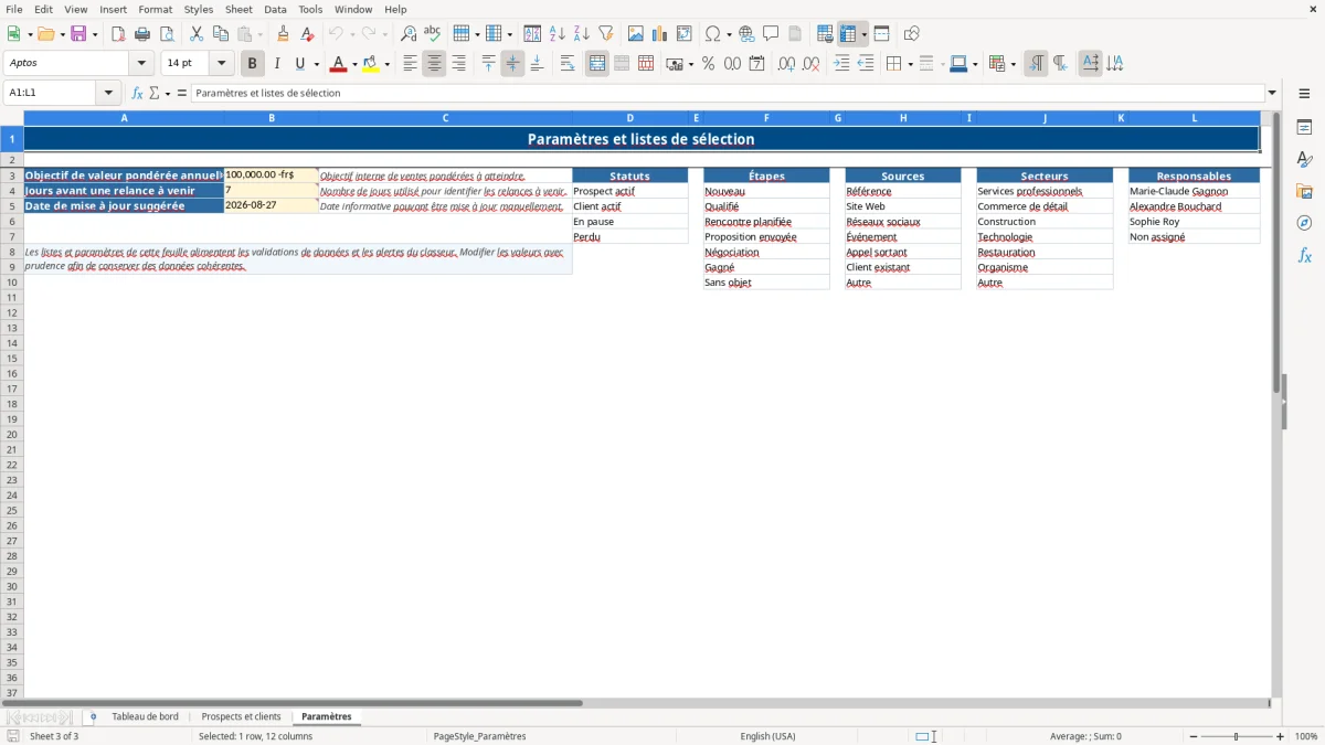Capture 3 : feuille Paramètres — modèle Excel suivi prospects et clients