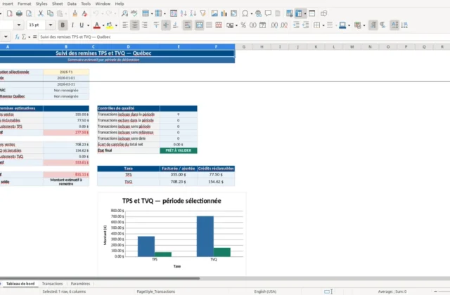 Capture 1 : feuille Tableau de bord — modèle Excel suivi remises TPS TVQ Québec