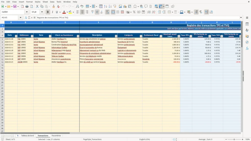 Aperçu de la feuille Transactions du modèle Suivi des remises TPS TVQ Québec : Modèle Excel Gratuit 2026